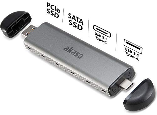 Akasa M.2 SATA / NVMe SSD to USB 3.1 Gen 2 Aluminium Enclosure | SSD External Enclosure | Tool-Free M.2 Enclosure Adapter | SuperSpeed 10Gbps | Space Grey | Included Carrying Pouch | AK-ENU3M2-04