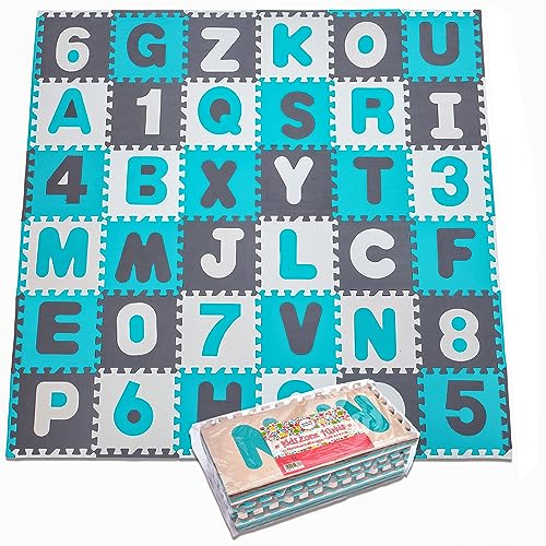 Puzzlematte XXL 110 Teile für Kinder | aus rutschfestem Eva | 3,3m² große Spielmatte Baby inkl. Rand-Teile 30 x 30 x 1 cm | Kinderteppich, Puzzlematte Baby mit Zahlen und Buchstaben inkl. Tasche