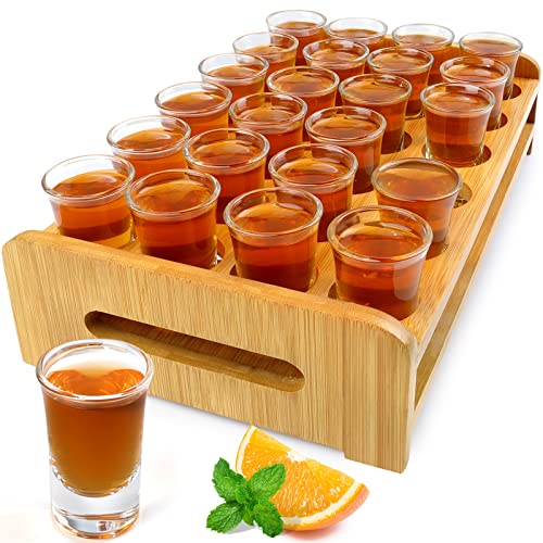 Schnapsglas-Set, 24 Stück, 30 ml, Schnapsglas-Halter, dicker Boden, klares Glas für Party, Club, Bar, Trinken