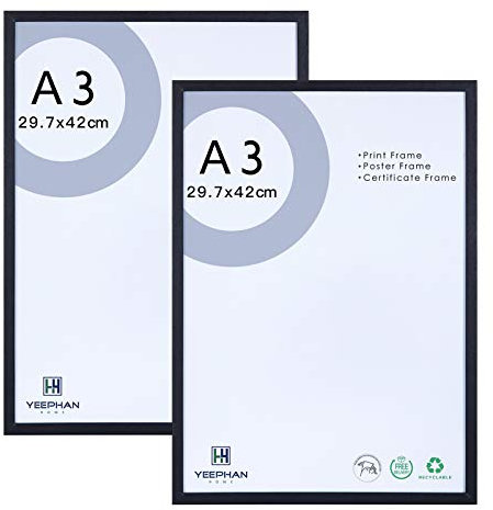 YEEPHAN Bilderrahmen A3 (29,7 x 42 cm) schwarz Massivholz mit Plexiglas Front für Fotos, Gemälde, Poster, Urkunden, für Wandinstallation und Heimdekoration, 2er-Set