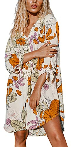 CUPSHE Women's Blouse Dress V Neck Long Sleeve Loose Shirt Dress Button Front Casual Dresses Bikini Cover Up Beach Dress Floral Yellow XL