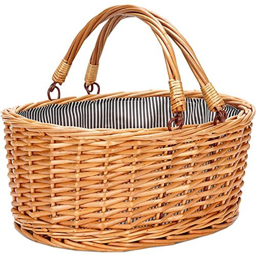 Wicker Picnic Basket with Double Folding Handles, Small Natural Willow Hamper Empty Basket Cheap Easter Eggs Candy Storage Wine Basket for Toy, Flower, Wedding Gifts(Grey Stripe S)