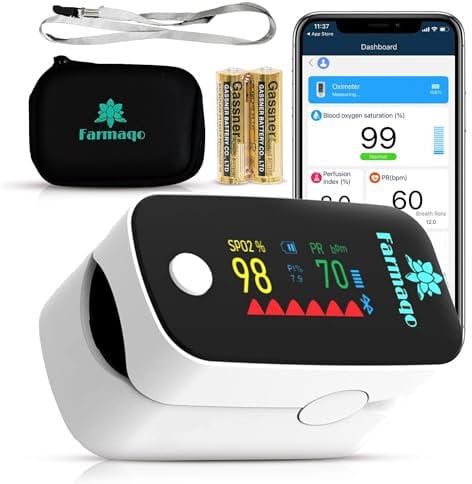 Saturimetro da dito professionale certificato BLUETOOTH - Pulsossimetro con APPLICAZIONE adulto bambino - SCHERMO OLED - Sensore di frequenza cardiaca - Ossimetro misura ossigeno SPO2 e Pulse BPM
