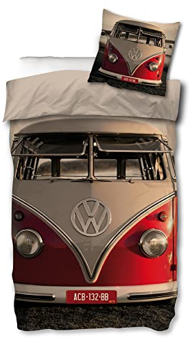 VW Volkswagen Bulli Bettwäsche T1 Rot 135 cm x 200 cm + 80 cm x 80 cm 100% Baumwolle Renforcé-Linon-Qualität VW-Bus Oldtimer Retro Typ 2 T2 T3 Camper Van mit Reißverschluss Deutsche Größe 049