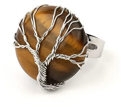 24 JOYAS Bague œil de tigre en pierre naturelle polie réglable enveloppée de fil argenté en forme d'arbre de vie - Magnifique alliance romantique et élégante pour femme, Métal, Quartz