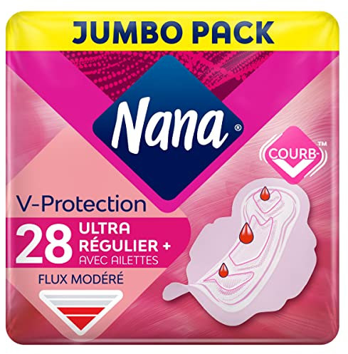 Nana Ultra Régulier Plus Serviettes Hygiéniques Avec Ailettes - Flux Modérés - 28 Serviettes En Pochette Individuelle