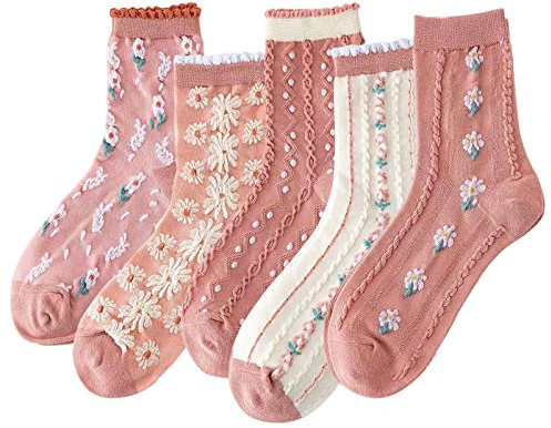 DXYAKY 5 paires de chaussettes en coton à motif floral vintage pour femme chaussettes col rond nouveauté cheville ruffled chaussettes habillées chaudes décontractées, Lot de 5 paires - Rose, taille