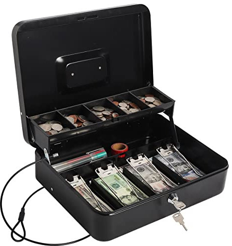 Geldkassette mit Geldablage und Schloss, Große Spardose für Bargeld, 5 Fächer, 4 gefedert, Geldtresor mit Sicherheitskabel, Schwarz