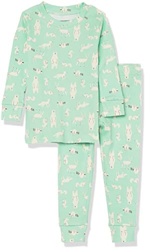 Amazon Essentials Lot de Pyjamas en Coton, Coupe Ajustée Mixte Adulte, Vert Menthe Animaux de la Forêt, XS