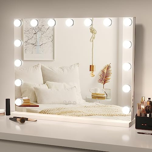 Dripex Espejo Maquillaje con Luz Grande, 58 x 45 cm, 15 Bombillas LED, Dimmables 3 Colores de Luz, con Espejo de Aumento 10X, Puerto C y B para Cargar