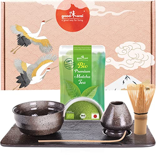 Goodwei Matcha Teezermonie-Set, 6-teilig mit Bio Matcha aus Japan, Schale, Besenhalter und Tee-Tablett im passenden Design, Keramik, 180 ml (Goma)
