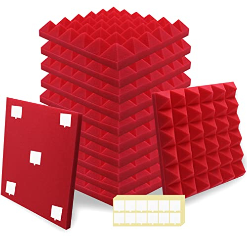 SK Studio 12 Stück Akustikschaumstoff Schallabsorber, Feuerfest Schalldämmung Platten Dämmung Pyramidenschaumstoff für Studio, Podcasts, Aufnahmestudios, Büro, Wanddekoration, 30x30x5cm, Rot