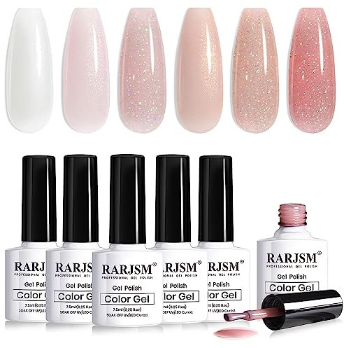 RARJSM Nude Glitter Gel Nail Polish Set 6 Colours Pale Pink Milky White Jelly Pink Silver Gold Glitter Holographic Shimmer Iridescent Pigment Gel Polish 7.5ml Translucent Natural Soak off UV LED Cured