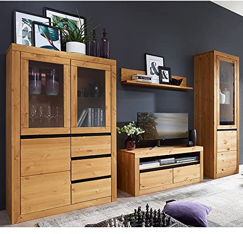 Massivholz Wohnzimmer Set Wohnwand TV Wand Mediamöbel Mediawand Highboard Wandboard Lowboard Vitrine Vitrinenschrank Kiefer massiv eichefarbig