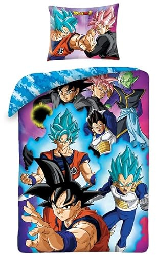 Halantex Bettwäsche-Set DRAGONBALL SUPER PROTAGONISTI Goku Vegeta Wendebettbezug 140 x 200 cm und Kissenbezug 70 x 90 cm - mehrfarbig - 100 % Baumwolle