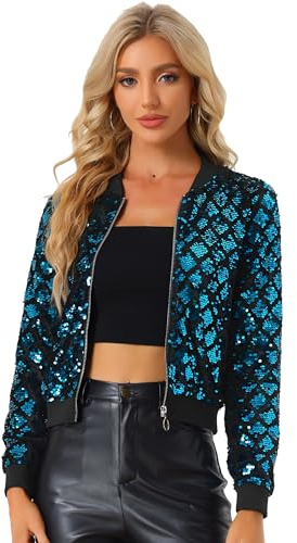 Allegra K Damen Party Glitzerjacke Bomberjacke Pailletten Glitzer Langarm Reißverschluss Club Kurze Jacke Blau S