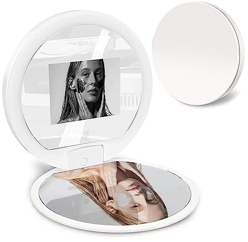 HYQNG Compact Mirror with UV Camera and Light 3.8 Inch Portable Travel Mirror with 1.2X Magnification for Sunscreen Test, 3-level Brightness Adjustable, Beauty Makeup Mirror for Handbag Pocket