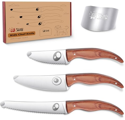 Tivoli Set de couteaux pour enfants pour la vraie cuisine Set de couteaux pour enfants pour la coupe Couteaux de sécurité en acier inoxydable avec protège-doigts pour la coupe