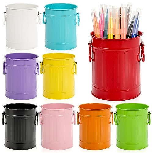 Noamus 9 Pack Metal Pen Holder, Mini Pencil Bucket with Handle, Desktop Pencil Cup Makeup Brush Organizer, Desk Colorful Small Pails, Stationary Supplies Container for Office Classroom School Crafts