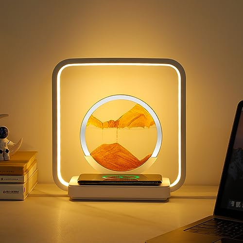 Weihnachtsdeko Sandbilder Zum Drehen mit LED Licht, 3D Sandbild Sand Art Tischlampe mit kabelloses Laden, Sand Art Tischlampe Sandkunst Dekor für hochzeitdeko, Herbstdeko, Weihnachtsdeko (Gelb A)
