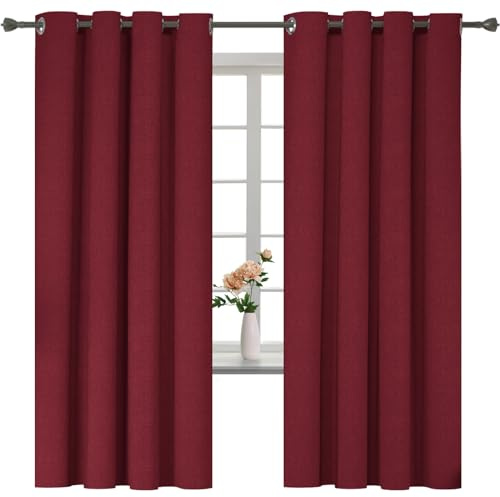 YSTELLAA Rideau 100% Occultant Effet Lin, Lot De 2, 140×175cm, Rouge | Rideau Thermique Isolant Anti Froid Et Chaleur, À Oeillets, Anti Bruit, Pour Salon Et Chambre