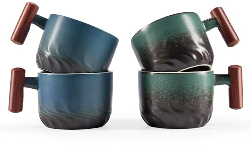 CLASGLAZ 70ml Ceramic Espresso Cups with Wooden Handle, Small Coffee Cups Double Shot Espresso Cups Set of 4,