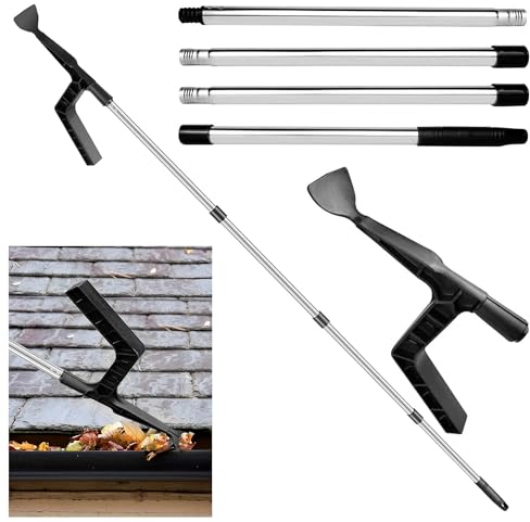 ChangTa Gutter Cleaning Tool, Roof Gutter Cleaner with Splicing Pole Handle, Detachable Cleaning Brush and Scoop Roofing Guard,Portable Cleaning Scraper Tool for Cleaning Leaves and Debris（A)