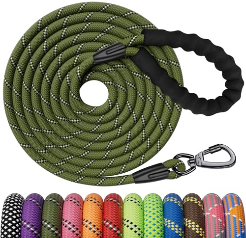 Kdsvakd Training Lead For Dogs, 6m / 20ft Long Rope Dog Lead with carabiner clip and padded handle, Recall Durable Lead Duty Check Cord For Puppy, Small, Medium, Large Dog, AmryGreen