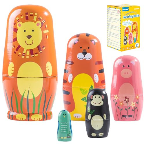 Animals Matryoshka Nesting Dolls Age 3+ - 5 Characters Cute Animal Pattern Russian Nesting Dolls for Gift and Decoration Lion Tiger Pig Monkey Bird YE03A