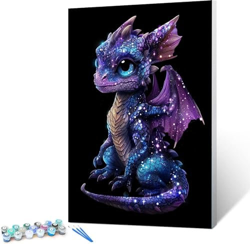 Drachen-Malen nach Zahlen für Erwachsene, DIY digitales Ölgemälde-Set auf Leinwand mit Pinseln und Acrylpigment, Blau Street Artwork für Heimdekoration 40x50cm (Ohne Rahmen)