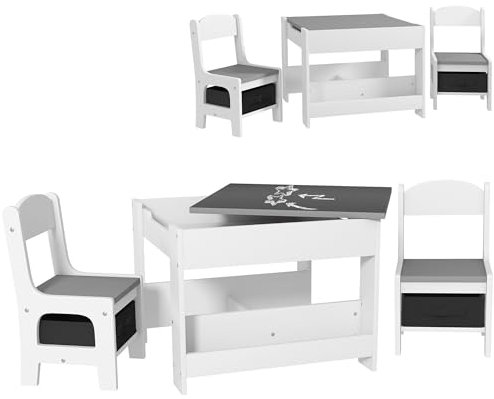 HOMCOM Set Tavolino per Bambini e 2 Sedie, Piano del Tavolo 3 in 1 con Lavagna, Contenitori e Vano Libreria, Grigio
