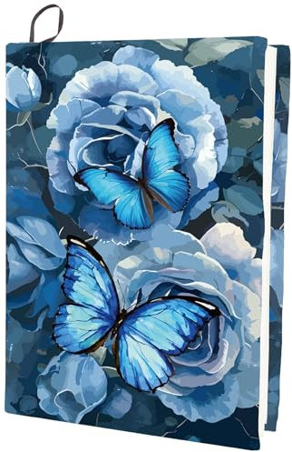 craspire Dehnbarer Buchumschlag Mit Blauer Rose Und Schmetterlingsblume Waschbar Wiederverwendbar Großer Buchschutz Aus Nylongewebe Aus Polyester 9.4x15.7 Zoll Elastische Notizbuchumschläge