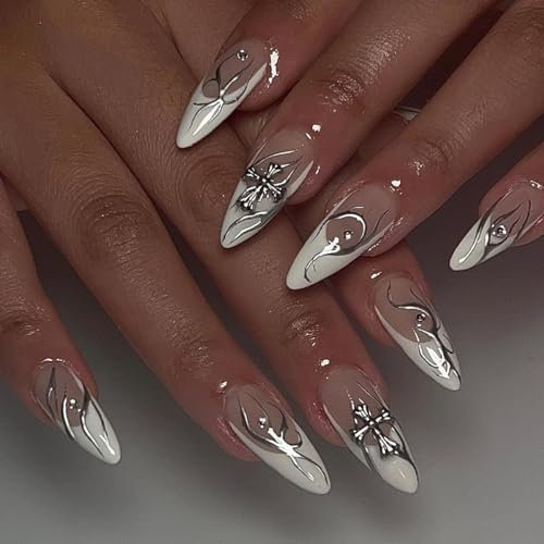 AM Raystram 24PCS Almond Medium Press-On Nails, Silver Flame Punk Style False Nails, 12 Different Sizes (Mixed), Full Cover Acrylic Nails, 1 Set of 24 Items