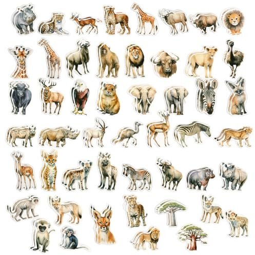 100St Tieraufkleber, Realistisch Wildtier Aufkleber Wasserfest Aufkleber Tiere Dschungel Zoo Aufkleber Safari Tiere für Kinder Wasserflaschen Laptops Skateboards Sammelalben Partygeschenke