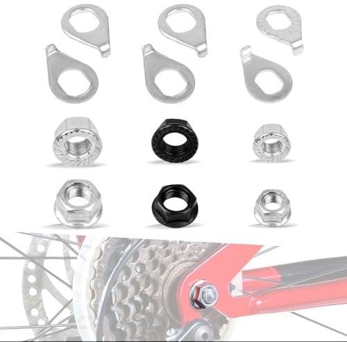 Urkupoo 12PCS Bicycle Axle Nuts and Safety Washers, 3 Size M8 M9.5 M10 Bike Wheel Nuts Kit, Black Silver Bike Axle Nuts Washers for Front Rear Mountain Road Kid City Bike Wheel