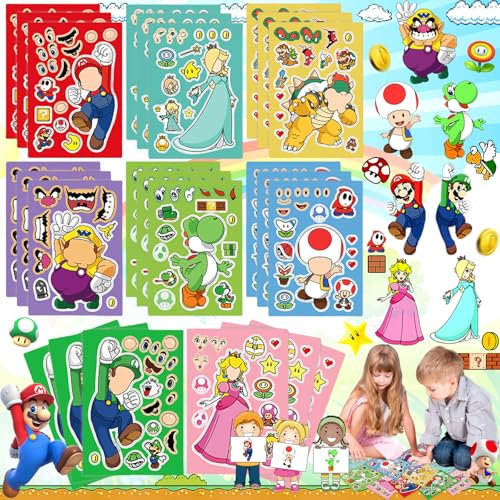 Benaton 24 Stück Kinder Sticker Set, Cartoon Make-a-Face DIY Aufkleber, Puzzle-cartoon-aufkleber, DIY Gesichtsaufkleber für Party Gunst Craft, Toy Face Stickers, Make DIY Anime Sticker(8 Muster)