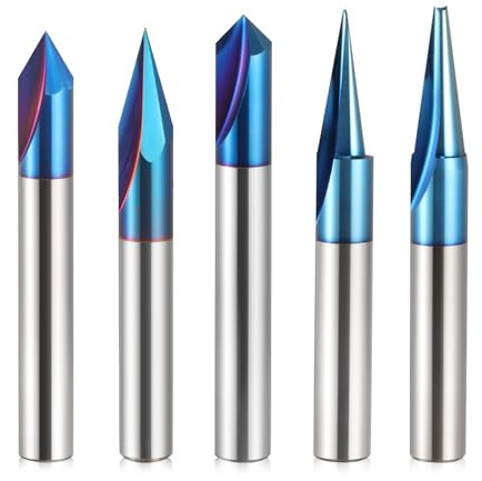 HOZLY CNC Router Bit 1/4'' Shank, 5PCS Wood Carving Bits Set, 15° Detail Carving Liner 20° Profile Bit 30° 60° 90° V Groove Router Bit, 2'' Long CNC Milling Cutter End Mill Bits