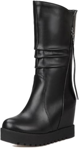 Donna Zeppa Stivali a Metà Polpaccio con Plateau Tacco Alto Stivali Punta Rotonda Senza Chiusura Stivali da Neve, T103113Ru Nero/Hm Numero 33.5 EU/33Cn