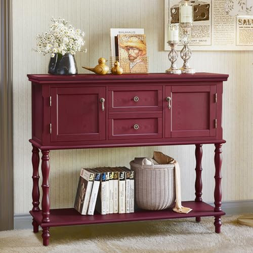 MROJISC Konsolentisch mit Schubladen und Stauschrank, Holz Rot Konsolentisch Schmal mit Schublade Konsolentische fürs Wohnzimmer, Eingang, Hausflur, Schlafzimmer