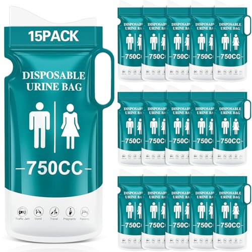 BBLTIFF 15 Pièces Sac Urinaire, 750 ML Urinoirs Portables, Pisse Debout, Toilettes Portables pour Femmes, Hommes et Enfants, Sacs Urinoirs d'urgence pour Voyages, Camping, Randonnées et Embouteillages