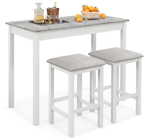 TANGZON Bar Table Set with 2 Stools, 3 Pieces Breakfast Bar Set with Linen Fabric Padded Stools, Faux Marble Top & Rubber Wood Legs, Counter Dining Table and Chairs for Home Kitchen Pub Cafe