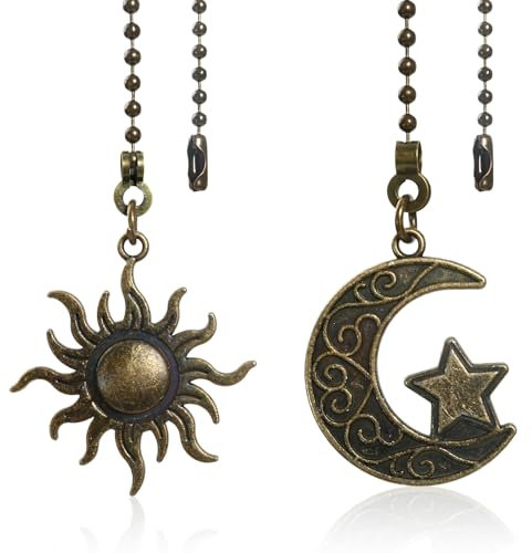 Ceiling Fan Pull Chain - 2PCS Whimsical Decor, 90s Celestial Decor, Pull Chain Extension, Ceiling Fan Pulls, Light Pulls Chains Decorative, Vintage Charm Sun and Moon Pendant Chains, Pulls Cord Light