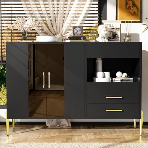 Wyibwy Moderno aparador de cocina con 3 cajones y 1 compartimento abierto, buffet con puertas de cristal y tiradores de cristal acrílico, patas de hierro color dorado, aparador salón, 120 x 39,5 x 84