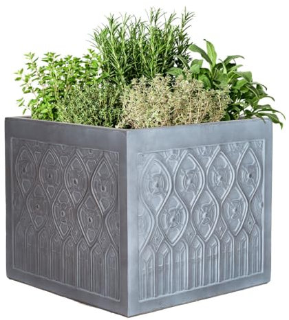 Fibre Clay Box Planters 40cm Indoor Outdoor Planters Slate Grey Embossed Finish Flower Pot Patio Decking Lawn Doorstep Porch Houseplant Shrub Topiary Bush Square Plant Pots 44L (M)