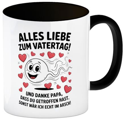 Alles Liebe zum Vatertag Kaffeebecher in schwarz Spermien Cartoon mit Herzen Lustige Tasse als Vatertagsgeschenk mit Spruch