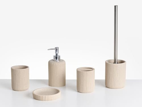 Badaccessoires Set 5-teilig Kunstharz Hellbeige Rillenoptik Bad-Zubehör Camana