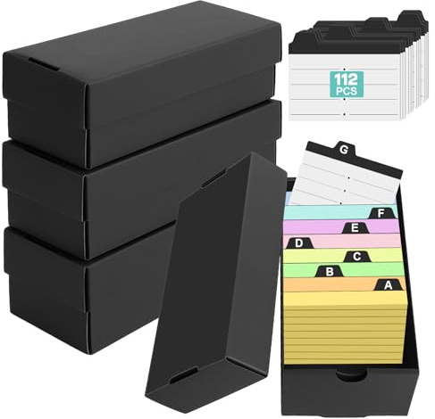 4Pcs Karteikarten Box A8, Schwarz karteikartenbox mit 112pcs Karteiregister A8, Lernkarten Box für 52x74mm Papier, Vokabelbox Unterwegs Lernen, Lernbox für Notizen Schulsachen Büro Zuhause