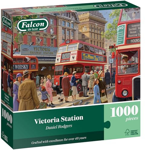 Falcon Victoria Station - 1000 Piece Adults Jigsaw Puzzle - Bus Stop Scene | 1000 Pc Adult Jigsaws - Nostalgic, Charming Large Puzzles - Cosy Rainy Day Activity, Christmas & Birthday Gift - 68 x 49 cm
