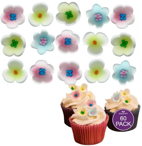 Culpitt 60 Assorted Flower Sugar Shapes, Hardened Sugar And Royal Icing Cake Decorations, Handmade Ready to Use Cupcake Toppers For Wedding, Christening, Birthday - Bulk Pack of 60
