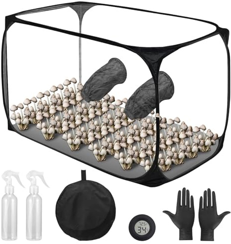Große Pilze Züchten Growzelt,Pilzzuchtzelt 82 * 52 * 52 cm,Grow Box Schwarz | Pilz Zuchtbox Mit Still Air Box,Tragbarer Klappbarer Grow Zelt mit Zwei Armöffnungen Still Luftbox für Enoki Pilze,Heilpilze